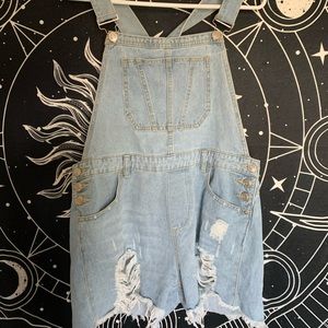 Distressed Denim Overall Shorts